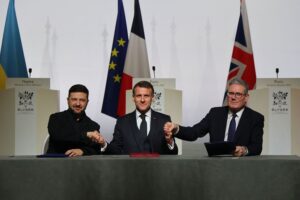 Volodymyr Zelensky, Emmanuel Macron, and Keir Starmer