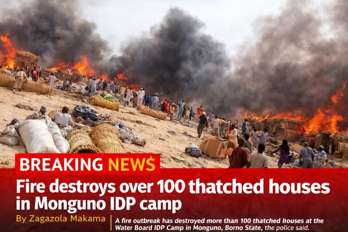 Fire Destroys More Than 100 Thatched Houses and Belongings at Water Board IDP Camp in Monguno Borno State Nigeria