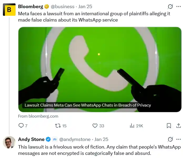 Meta Executive Denies WhatsApp Messages Can Be Accessed by Company Amid Lawsuit Filed in San Francisco by International Users Claiming Privacy Breach