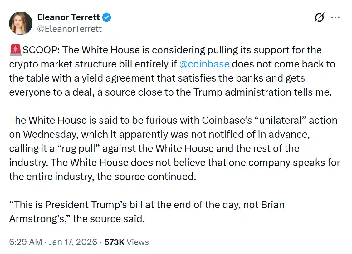 White House Considers Withdrawing Support for Crypto Market Clarity Bill After Coinbase Pulls Back in Washington