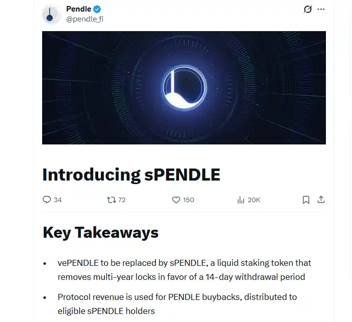 Pendle launches sPENDLE to replace vePENDLE as its primary governance and reward token across its decentralized finance platform