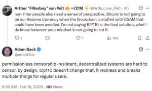 Blockstream CEO Adam Back warns that Bitcoin Improvement Proposal 110 could harm network credibility amid debate over Ordinals spam on the Bitcoin blockchain