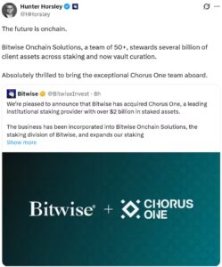 Bitwise acquires Chorus One to expand crypto staking services across more than 30 blockchains and strengthen institutional offerings globally
