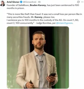 Former SafeMoon CEO Braden Karony Receives 100 Month Prison Sentence for Stealing Nine Million Dollars from Crypto Platform in United States