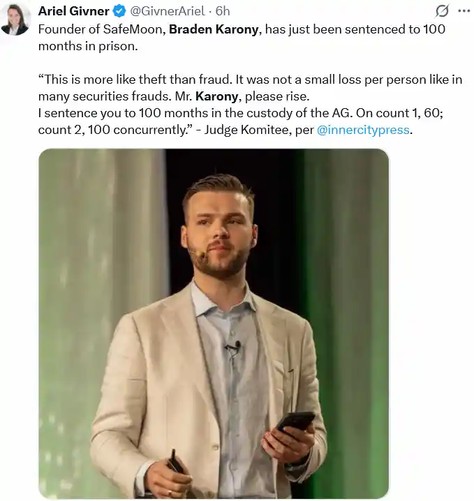 Former SafeMoon CEO Braden Karony Receives 100 Month Prison Sentence for Stealing Nine Million Dollars from Crypto Platform in United States