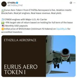 ETHZilla Launches Token Allowing Investors to Own Fractional Equity in U.S. Leased Jet Engines Through Blockchain Platform