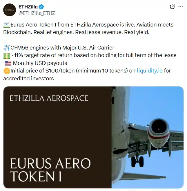 ETHZilla Launches Token Allowing Investors to Own Fractional Equity in U.S. Leased Jet Engines Through Blockchain Platform