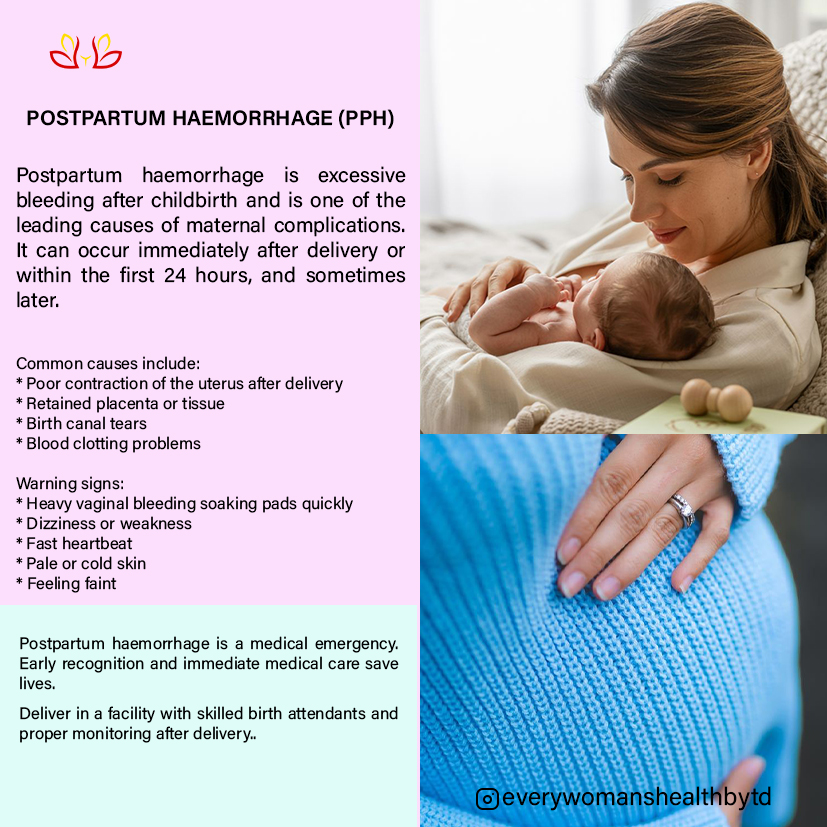 POSTPARTUM HEMORRHAGE (PPH): WHAT EVERY WOMAN SHOULD KNOW Postpartum Hemorrhage is heavy bleeding after childbirth — and it is one of the leading causes of maternal emergencies worldwide. 💉 What is PPH? Bleeding of 500ml or more after vaginal delivery or 1000ml or more after cesarean section within 24 hours of birth. 👩🏽‍⚕️ Common Causes (The 4 Ts): • Tone – Uterus not contracting well (most common) • Tissue – Retained placenta • Trauma – Tears in cervix, vagina, or uterus • Thrombin – Blood clotting problems ⚠️ Warning Signs: • Soaking more than 1 pad in an hour • Large blood clots • Dizziness or fainting • Weakness • Fast heartbeat 🛑 PPH is an emergency. Early intervention saves lives. 🤱🏽 Prevention Tips: ✔ Deliver in a well-equipped facility ✔ Proper management of the third stage of labor ✔ Antenatal care is key ✔ Know your blood group 💬 Awareness reduces fear. Preparation saves lives. ⸻ Hashtags: #PostpartumHemorrhage #PPH #MaternalHealth #SafeDelivery #PregnancyCare #Obstetrics #MidwifeLife #BirthAwareness #HealthyMothers #WomensHealth #AntenatalCare #LaborAndDelivery #NigeriaMoms #MotherhoodJourney #ThomasHealthSeries