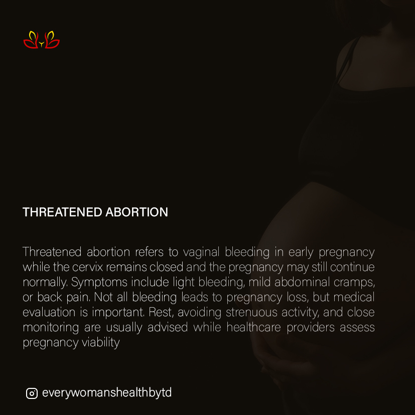 THREATENED ABORTION. This is when a pregnant woman (usually in the first trimester) has: 🩸 Vaginal bleeding 🤰🏽 Mild abdominal cramps 👉🏽 But the cervix is still CLOSED 👉🏽 And the baby is still alive on scan It does NOT automatically mean miscarriage. Many women with threatened abortion go on to have healthy babies. Common causes: • Hormonal imbalance • Implantation bleeding • Subchorionic bleed • Sometimes no clear cause What you should do: ✔️ Go to the hospital for evaluation ✔️ Do an ultrasound ✔️ Avoid heavy work ✔️ Avoid intercourse until reviewed ✔️ Follow your doctor’s advice 🚨 Run to the hospital if: • Bleeding becomes heavy • Severe abdominal pain • You pass clots or tissue • You feel dizzy or faint Bleeding in pregnancy is NEVER something to ignore. Early attention saves pregnancies 🤍 — #ThreatenedAbortion #PregnancyCare #FirstTrimester #PregnancyBleeding #SafeMotherhood #MaternalHealth #NaijaMoms #LagosMoms #WomenHealth #HealthTalkWithTD