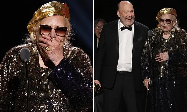 Legendary singer Joni Mitchell receives Best Historical Album award at the 2026 Grammys in Los Angeles and surprises crowd with long pause during speech