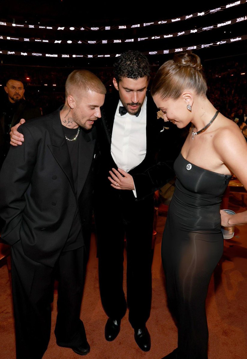 Justin Bieber and Hailey Bieber Chat Up Bad Bunny in Behind the Scenes Moment at the Grammy Awards in Los Angeles