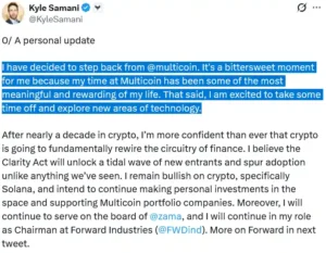 Kyle Samani steps down as managing partner of Multicoin Capital after a decade in crypto while planning to explore AI and robotics globally