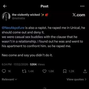 Big Brother Naija star Neo Akpofure threatens lawsuit in Nigeria after X user posts rape allegation linked to University of Calabar