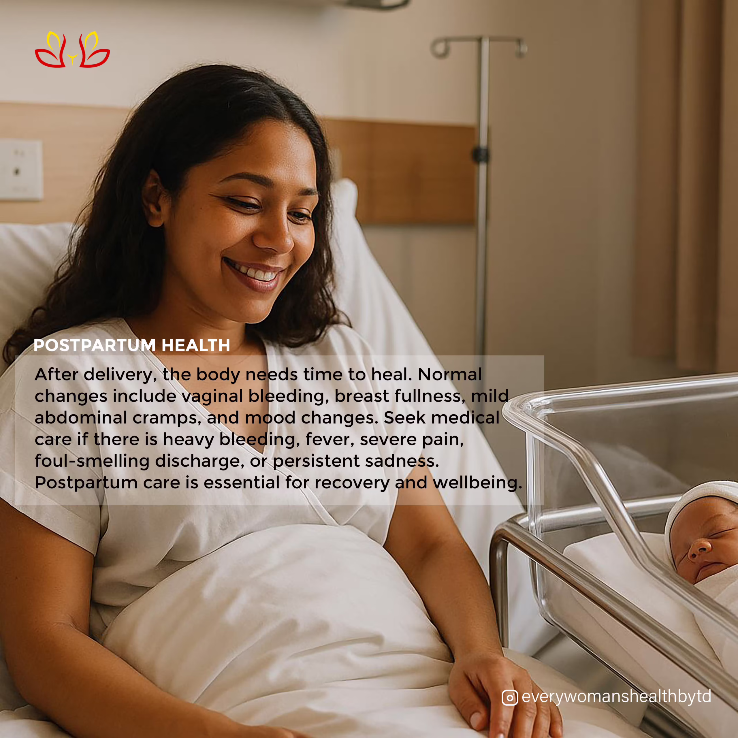 POSTPARTUM HEALTH: THE PART NO ONE TALKS ABOUT ENOUGH 🤍 Everyone celebrates the baby… But who is checking on the mother? Postpartum is not just “after delivery.” It is healing. It is hormonal shifts. It is sleepless nights. It is learning your new body. It is emotions you didn’t expect. Your body needs: ✨ Rest ✨ Nourishment ✨ Hydration ✨ Support ✨ Medical follow-up Normal postpartum experiences can include: • Bleeding (lochia) for weeks • Breast changes & engorgement • Mood swings • Cramping as the uterus shrinks • Hair shedding months later But please seek help if you notice: 🚩 Heavy bleeding soaking pads hourly 🚩 Fever 🚩 Severe headache or vision changes 🚩 Extreme sadness, anxiety, or feeling disconnected from baby Mama, healing is not weakness. Asking for help is strength. You deserve care too 🤍 Tag a new mom. Check on a mother today. ⸻ Hashtags: #PostpartumCare #PostpartumHealth #NewMomLife #MaternalHealthMatters #FourthTrimester #EveryWomanHealth #MamaSupport #HealingAfterBirth #MotherhoodJourney #CheckOnTheMother