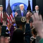 President Donald Trump accuses Supreme Court justices of bowing to foreign influence after tariff ruling at the White House in Washington DC