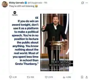 Ricky Gervais Criticizes Grammy Winners for Political Speeches at Los Angeles Awards Ceremony as Celebrities Wear ICE OUT Pins
