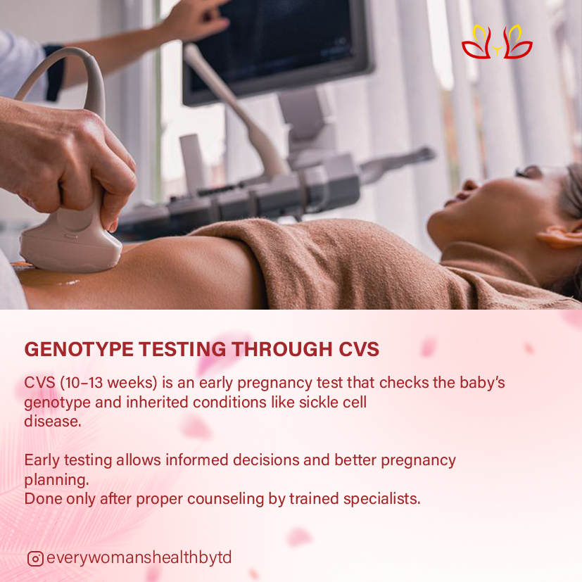 CVS: Knowing Your Baby’s Genotype Before Birth Chorionic Villus Sampling (CVS) is a prenatal test that helps parents know their baby’s genotype early in pregnancy. It is usually done in the first trimester and can help detect conditions like sickle cell disease before birth. For families with a history of genetic conditions, CVS provides early information that supports informed decisions, proper medical planning, and emotional preparation. Genetic counseling before and after testing is very important to help parents understand the results and available options. Every pregnancy journey is unique — knowledge empowers parents to prepare, plan, and care better for both mother and baby. #CVS #GenotypeAwareness #SickleCellAwareness #PrenatalTesting #AntenatalCare #EveryWomanHealth #PregnancyEducation #HealthyPregnancy #GeneticTesting #MaternalHealth #TTCJourney #PregnancySupport #NigeriaMoms #MedicalEducation #KnowYourGenotype
