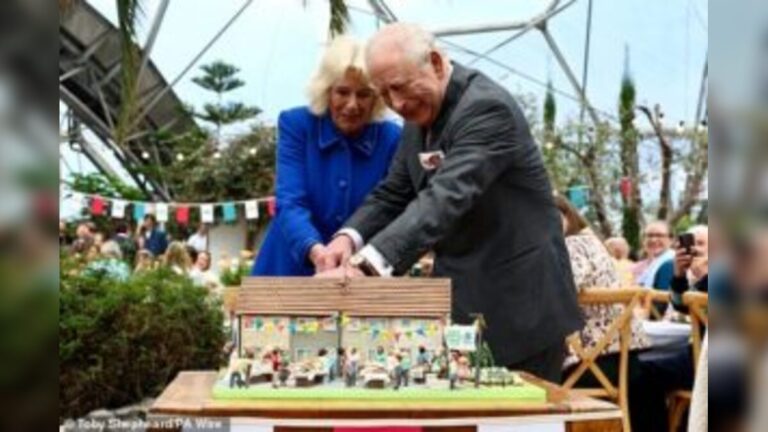 King Charles and Queen Camilla Slice Commemorative Cake at Eden Project in Cornwall with Playful Sword Antics