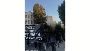 Protestors march through Nicosia demanding UK close military bases after drone attack on RAF Akrotiri in Cyprus