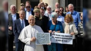 Pope Leo XIV reunites with childhood classmates at St. Peter’s Basilica in Rome after decades apart from Chicago school friends