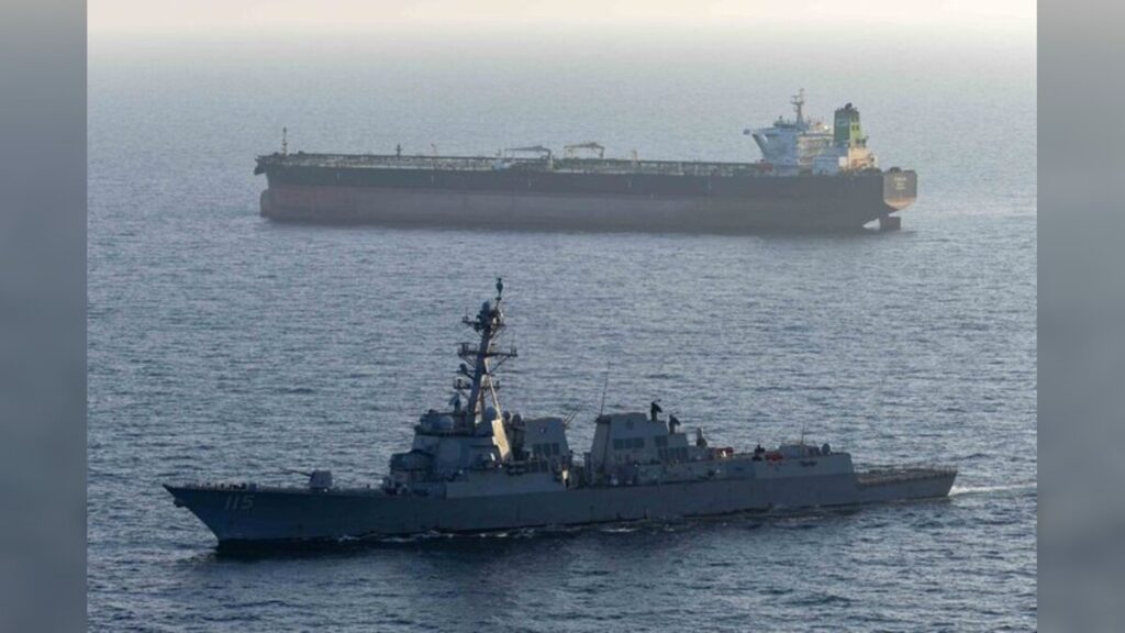 Guided-missile destroyer USS Rafael Peralta (DDG 115) enforcing the U.S. blockade of Iranian ports against M T Stream