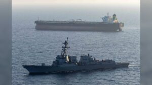 Guided-missile destroyer USS Rafael Peralta (DDG 115) enforcing the U.S. blockade of Iranian ports against M T Stream