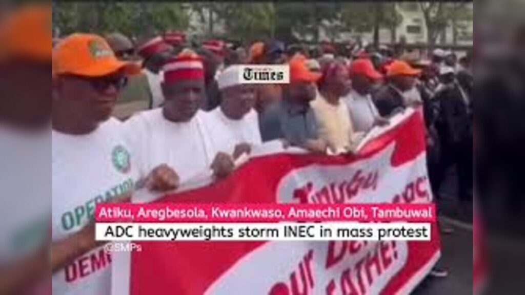 Nafiu Bala Gombe leads dramatic protest storm at INEC headquarters in Abuja as ADC leadership crisis deepens