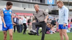 Prince Harry visits Western Bulldogs stadium and delivers mental health message while Australians debate royal style tour in Melbourne Australia