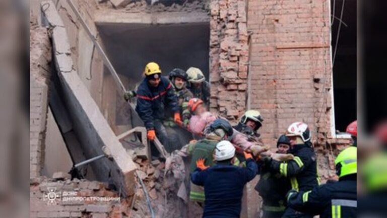 Rescue operations are ongoing at the site of the strike on a residential building