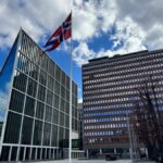 The Norwegian flag is waving again outside new and renovated government buildings in downtown Oslo